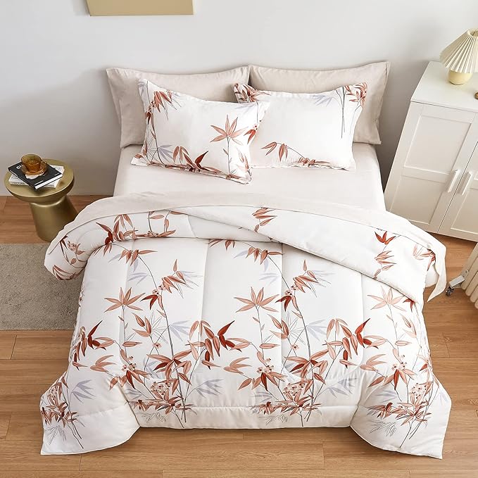7 Piece Bed in a Bag Queen Comforter Set with Sheets, Burnt Orange Leaves on White Botanical Bedding Sets for All Season (1 Comforter, 2 Pillow Shams, 1 Flat Sheet, 1 Fitted Sheet, 2 Pillowcases)