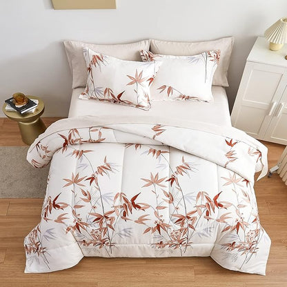 7 Piece Bed in a Bag Queen Comforter Set with Sheets, Burnt Orange Leaves on White Botanical Bedding Sets for All Season (1 Comforter, 2 Pillow Shams, 1 Flat Sheet, 1 Fitted Sheet, 2 Pillowcases)