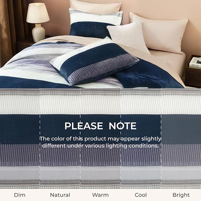 Litanika Fluffy Fleece Full Size Comforter Set, Luxury Soft Plush Fuzzy Mineral Blue Stripe Bedding Comforter Sets, Warm Shaggy Faux Fur Bed Set All Season (1 Comforter, 2 Pillowcases)