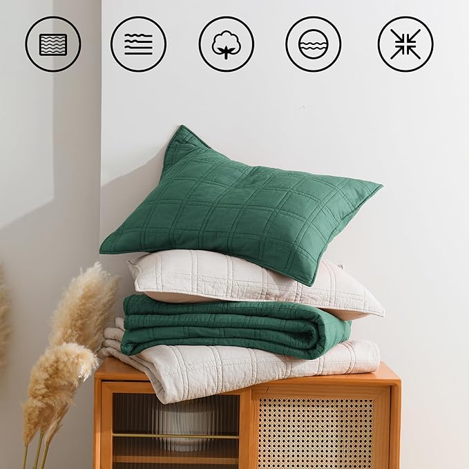 HORIMOTE HOME 100% Cotton Quilt Set Queen Size, Dark Green Pre-Washed Bedspreads Coverlet Set in Geometric Pattern, Cozy Lightweight Stitching Decorative Bedding Cover with 2 Shams for All Season