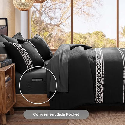 MaiRêve Embroidery Comforter Set, Boho Farmhouse Western Bedding Set, All Season Bed in A Bag Comforter Set with Sheets, Pillowcases & Shams, Black Oversized Queen 7 Pieces