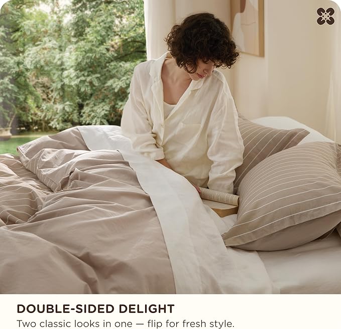 Bedsure Striped Duvet Cover King Size, 100% Washed Cotton PureWoven Duvet Cover Linen Like Textured, Classic Striped Pattern Enhances Bedroom Comfort and Style, Stripes Tan/White, 104"x90"