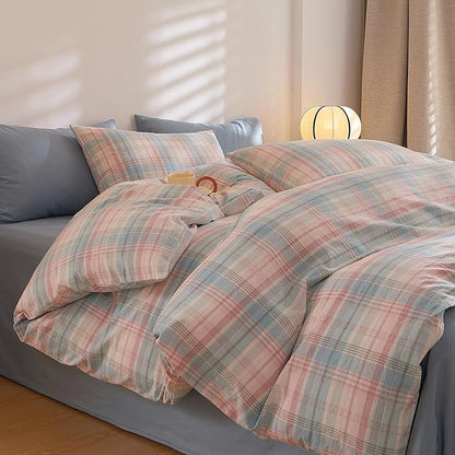 EAVD Vintage Style Blue and Pink Gingham Comforter Set Queen Blue Pink Grid Plaid Comforter Set with 2 Pillowcases Reversible Farmhouse Gingham Bedding Set for All-Season