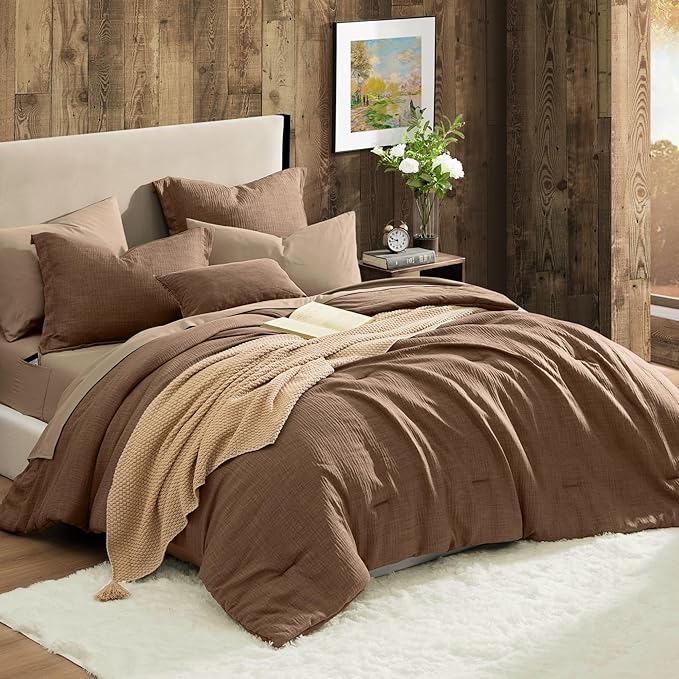 Geniospin King Size Comforter Set - 7 Pieces Brown Comforter King Size, Soft Solid Bedding Set for All Season, Textured Bed in a Bag with Sheets, Pillowcases & Shams
