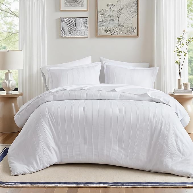 Madison Park Essentials Striped Comforter Set Full, 7 Pieces Modern Minimalist Jacquard Bedding Set for All Season, Bed in A Bag with Sheet Set and Soft Brushed Reverse, Lightweight White