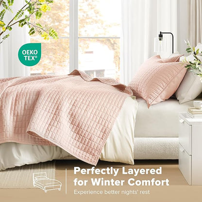 Comfort Spaces Kienna Quilt Set- Double Sided Stitching Design Summer Blanket, Lightweight, Soft, All Season Bedding Layer, Matching Sham, Blush, Coverlet Full/Queen(90"x90") 3 Piece