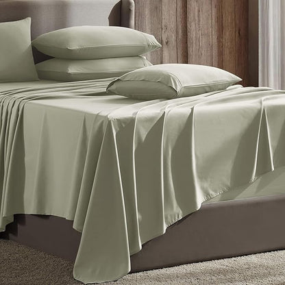 Hearth & Harbor Extra Deep Pocket Sheet Sets, Luxury Soft 6 Piece Bed Sheet Set Fits Mattress 18-24 Inches - Split King Size, Sage Green New