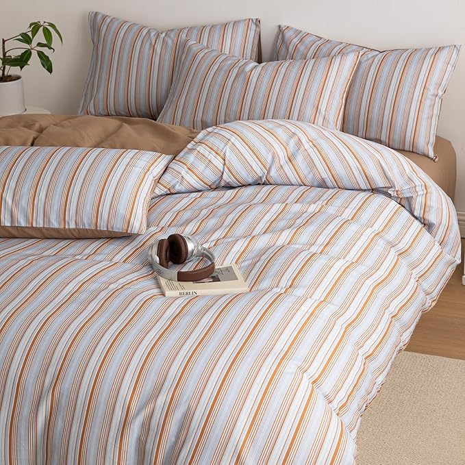 Striped Duvet Cover King Light Blue Caramel Brown Comforter Cover King Size Cotton Boho Soft Vintage Duvet Cover Set with 2 Pillow Cases Vertical Stripe Bedding Set Pattern Duvet Protector