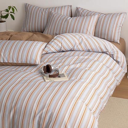 Striped Duvet Cover King Light Blue Caramel Brown Comforter Cover King Size Cotton Boho Soft Vintage Duvet Cover Set with 2 Pillow Cases Vertical Stripe Bedding Set Pattern Duvet Protector
