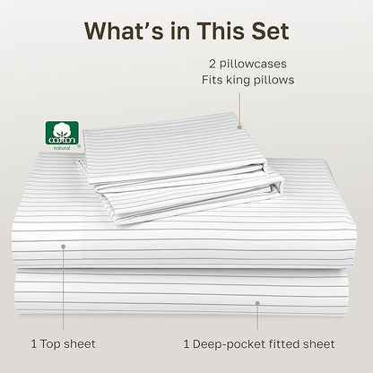 California Design Den Printed King Size Sheets Set - 400 Thread Count, Soft Sateen, Natural 100% Cotton Sheets Set, Deep Pockets, and Durable Bedding - Pinstriped
