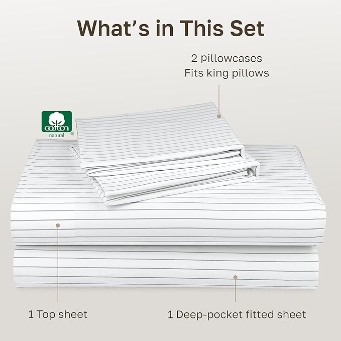 California Design Den California King Sheet Sets - 400 Thread Count Sateen, Natural 100% Cotton Sheets, Deep Pocket and Durable Bedding Set - Pinstriped