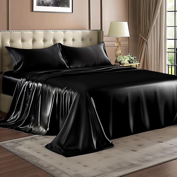 BEDELITE California King Sheets Set, Luxury Soft Black Satin Sheets for Hair and Skin, Similar to Silk Bed Sheets Set 4 Pieces with 1 Deep Pocket Fitted Sheet, 1 Flat Sheet, and 2 Pillowcases