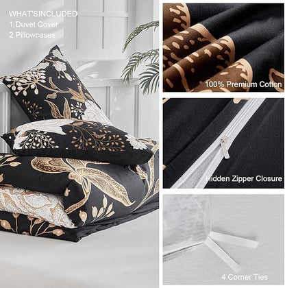 mixinni Floral Duvet Cover King Size, 3 Pieces White Flowers and Gold Leaves Printed on Black Bedding Set, Soft Premium Cotton Reversible Elegant Floral Duvet Cover Set for All Season-King Size