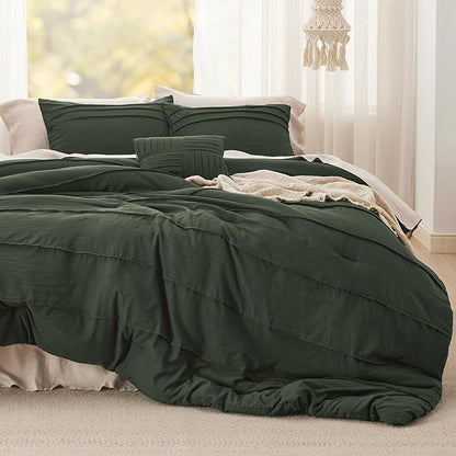 Bedsure Queen Comforter Set - 4 Pieces Pinch Pleat Bed Set, Olive Green Boho Bedding for All Season, 1 Soft Comforter, 2 Pillowcases, 1 Decorative Pillow