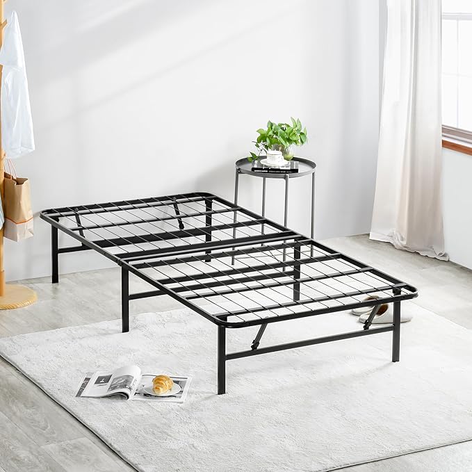 Olee Sleep 14 Inch Foldable Metal Platform Bed Frame, Steel Mattress Foundation, Comfort Base, Easy Under Bed Storage, No Box Spring Needed, Twin Size