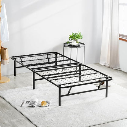 Olee Sleep 14 Inch Foldable Metal Platform Bed Frame, Steel Mattress Foundation, Comfort Base, Easy Under Bed Storage, No Box Spring Needed, Twin Size