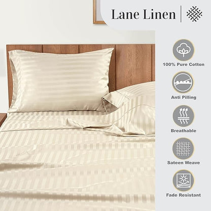 LANE LINEN Striped Sheets Set - 100% Egyptian Cotton 4 Piece Bed for King Size Hotel Bedding & Pillowcases 16" Deep Pocket (Fits Upto 17" Mattress)- Ivory