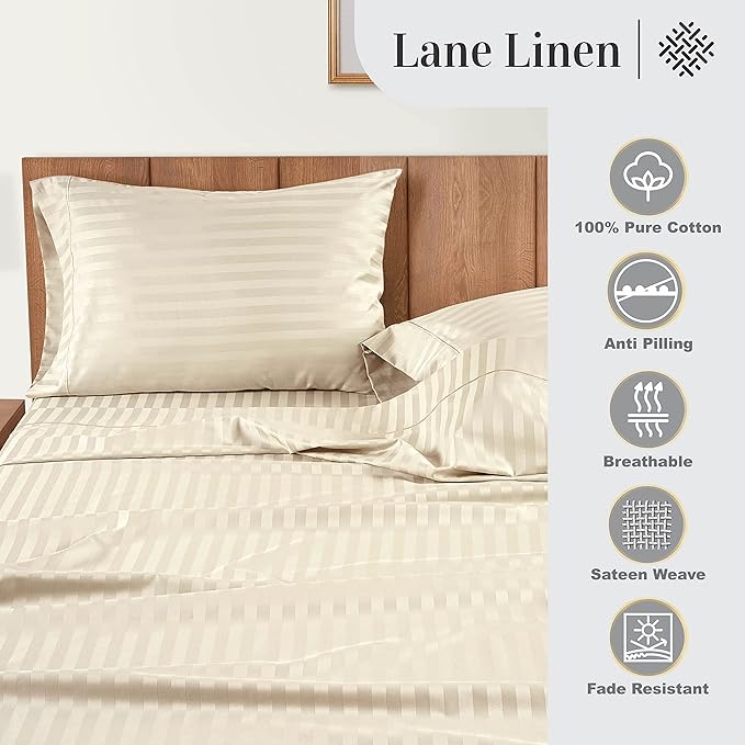 LANE LINEN Striped Sheets Set - 100% Egyptian Cotton 4 Piece Bed for Queen Size Hotel Bedding & Pillowcases 16" Deep Pocket (Fits Upto 17" Mattress) Ivory