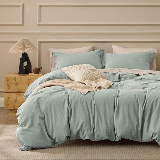 Bedsure 100% Washed Cotton Duvet Cover King Size - Sage Green Minimalist Bedding Set Linen Like - PureWoven Plain Simple & Soft Comforter Cover for All Seasons (Sage Green, King, 104"x90")