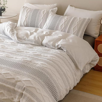 Luxlovery Boho White Comforter Set Queen Women Men Farmhouse White Black Jacquard Bedding Set Bohemian Country Blanket Quilts Durable Soft Breathable 3PCS Comforter Set Queen Bed
