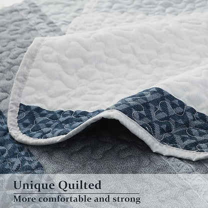 DURLENGEN Quilt Set California King Size 3Pcs,Soft Microfiber Lightweight Bedspread,Blue & Navy Striped Geometric Pattern Coverlet for All Season Layering(Cal King 112x104, Blue Patchwork)