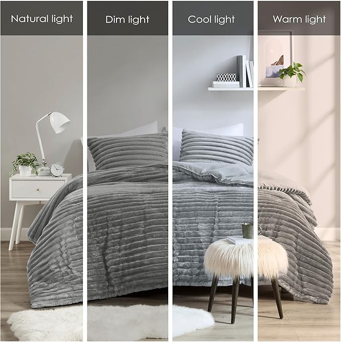 Intelligent Design King Comforter Set, Cozy Plush Bedding, Microfiber Reverse, 3 Piece, Lightweight, Super Soft Ribbed Velvet Comforter 2 Shams, All Season Fluffy Bed Set, Avril, King/Cal King Grey