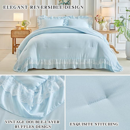 Joyreap King Size Comforter Set Blue, 3pcs Lace Ruffled Bedding Comforter Set, Microfiber Vintage Boho Chic Bedding Set for All Season- 100x88 inches