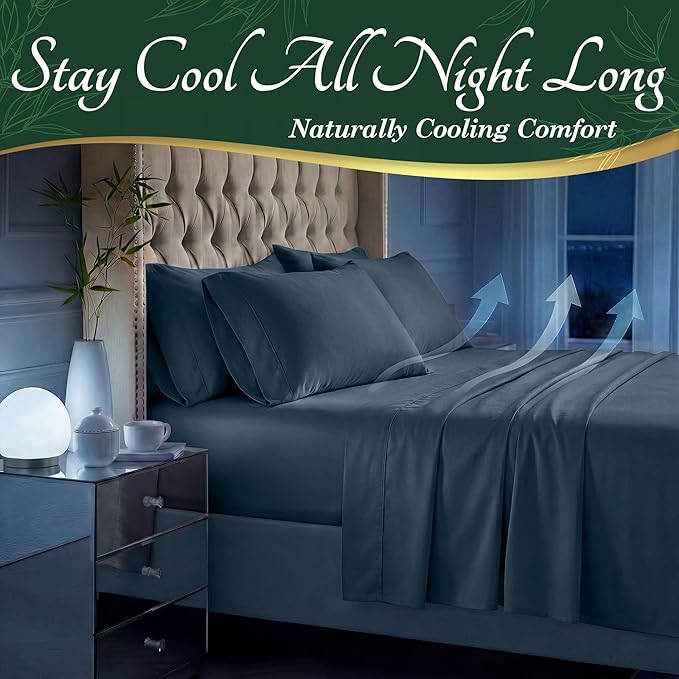 DECOLURE 100% Viscose Derived from Bamboo Sheets Queen Size - Luxury 6 Pc Naturally Cooling Sheets, Ultra Soft Bed Set - Deep 17" Pockets, Durable Double Stitching, Oeko Tex Standard (Navy Blue)