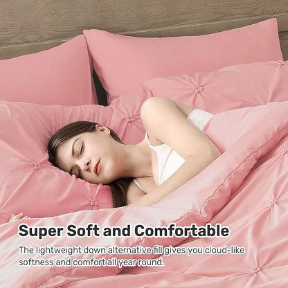 UNIKOME Queen Comforter Set Pink - Ultra Soft Boho Pintuck Down Alternative Bedding Set for All Seasons, 3 Pieces Lightweight Warm Pinch Pleat Bed Set with Comforter, 2 Pillowcases