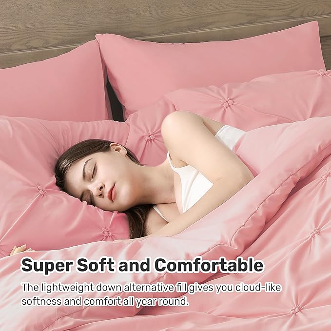 UNIKOME King Size Comforter Set Pink - Ultra Soft Boho Pintuck Down Alternative Bedding Set for All Seasons, 3 Pieces Lightweight Warm Pinch Pleat Bed Set with Comforter, 2 Pillowcases