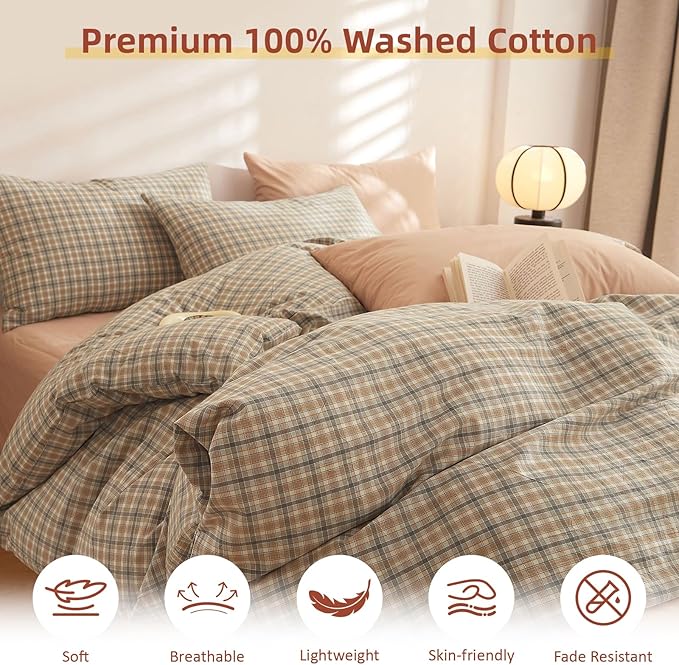 EAVD Retro Tan Gingham Duvet Cover Queen Khaki Brown Grid Plaid Bedding Set Soft 100% Washed Cotton Like Linen Feel Soft 3-Piece Brown Vintage Checkered Plaid Duvet Cover with Zipper Closure