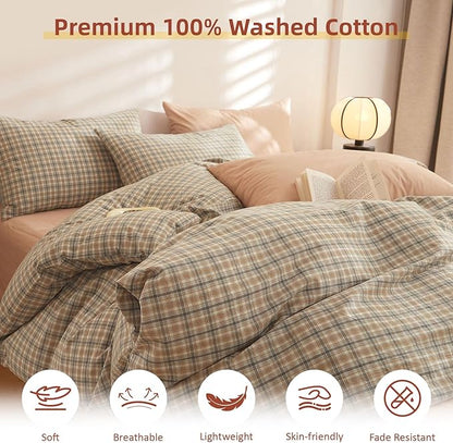 EAVD Retro Grid Plaid Gingham Duvet Cover Full Soft 100% Washed Cotton Like Linen Feel Soft 3-Piece Khaki Brown Grid Checkered Bedding Set Vintage Plaid Duvet Cover with Zipper Closure