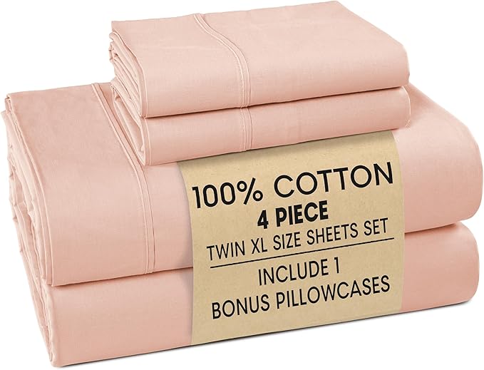 Casa Platino 100% Cotton Twin XL Size Sheets Set – 4 Piece Crisp Percale Twin XL Size Cooling Sheets, Lightweight for Summer, with 15" Deep Pocket Fitted Sheet, Comfortable & Airy Sleep – Veiled Rose