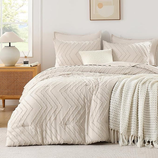 Andency Oversized King Comforter Set 120x98 Beige, Boho Oversize King Cream Soft Warm Tufted Neutral Bedding Comforter Sets, 3 Pieces Aesthetic Chevron Farmhouse Cute Bohemian Textured Bedding Set