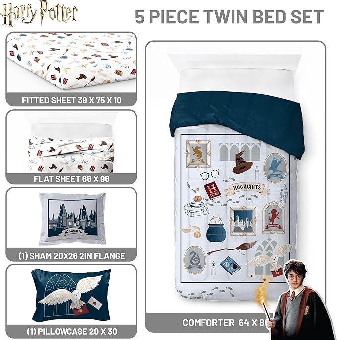 Jay Franco Kids Comforter Set Includes Sheets and Pillow Covers - Soft and Cozy Bed Set for Stylish Room Decor, Dark Grey - Harry Potter, 5 Piece Twin Size Bedding