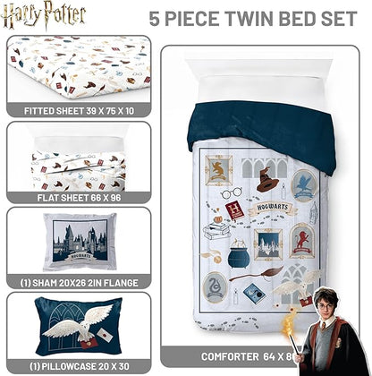 Jay Franco Kids Comforter Set Includes Sheets and Pillow Covers - Soft and Cozy Bed Set for Stylish Room Decor, Dark Grey - Harry Potter, 5 Piece Twin Size Bedding