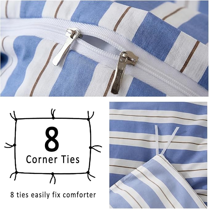 Merryword Blue and White Striped Duvet Cover Set Queen Size 100% Cotton Bedding Set with Modern Coastal Style Soft Breathable Linen Like Bedding Set 3 Pieces
