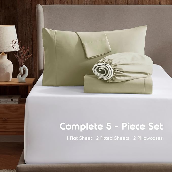 Nestl Split King Sheet Set - 1800 Ultra-Soft Microfiber Bed Sheets - Double Brushed - Deep Pockets - Easy Fit - 5 Piece Set - Bed Sheets & Pillowcases (Split King Size, Light Green)