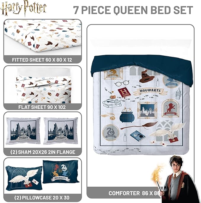 Jay Franco Kids Comforter Set Includes Sheets and Pillow Covers - Soft and Cozy Bed Set for Stylish Room Decor, Dark Grey - Harry Potter, 7 Piece Queen Size Bedding