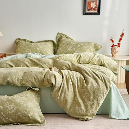 mixinni 100% Washed Cotton Cover Set, Reversible Vintage Green Floral Butterfly Jacquard Textured Comforter Cover, Boho Farmhouse Bedding Set with Zipper Closure for All Season, Queen Size