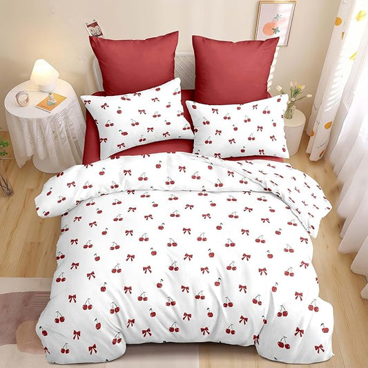 Nayoroom Red Cherry Comforter Set Queen Size Cute Bow Comforter 3 Pieces Soft Lightweight Kids Girls Aesthetic Dorm Bedding Set for All Seasons
