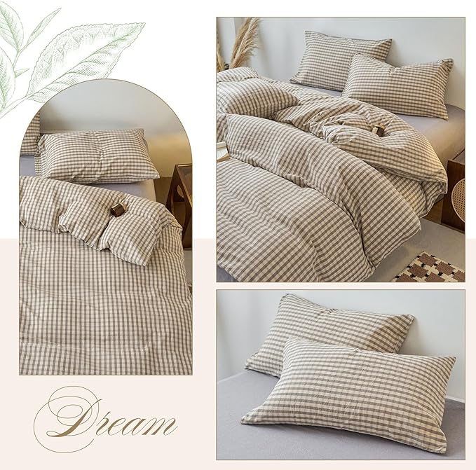 EAVD Vintage Style Grey Plaid Duvet Cover Full Soft 100% Washed Cotton Chic Grey Checkered Gingham Bedding Set with 2 Pillowcases Farmhouse Gingham Duvet Cover with Zipper Closure
