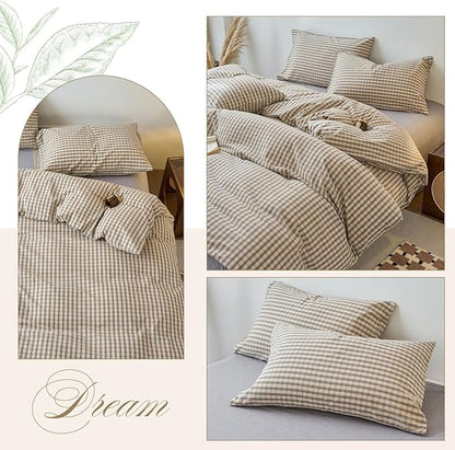 EAVD Vintage Style Grey Plaid Duvet Cover Full Soft 100% Washed Cotton Chic Grey Checkered Gingham Bedding Set with 2 Pillowcases Farmhouse Gingham Duvet Cover with Zipper Closure