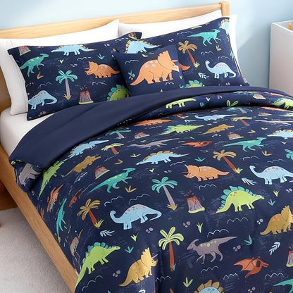 Twin Comforter Set for Boys-3 Pieces Navy Dinosaur Twin XL Bedding Set with 1 Comforter, 1 Decor Pillow, 1 Pillow Sham