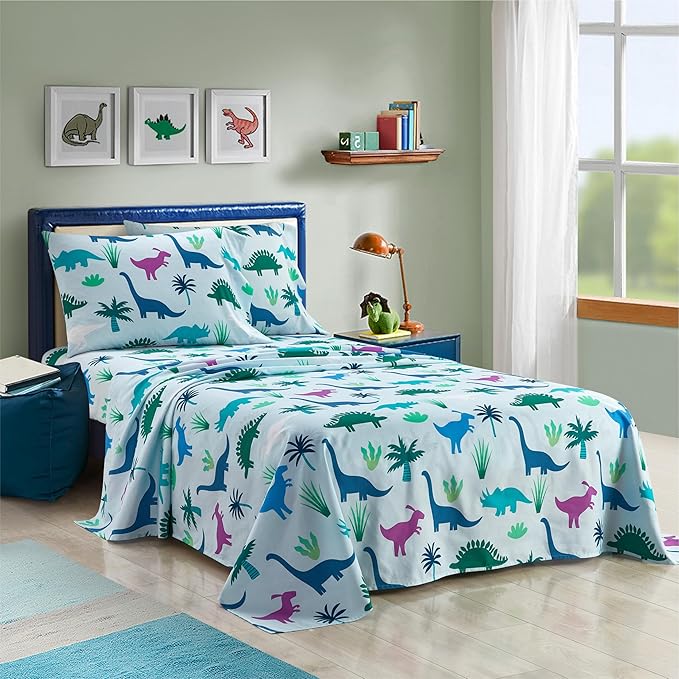 Heritage Kids 4 Piece Sheet Set, Including Top Sheet, Fitted Sheet and 2 Pillow Cases, Dinosaur, Full