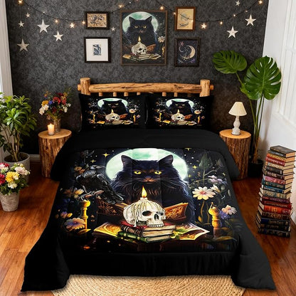 Kids Cat Bedding Set,Sugar Skull Crow and Daisy Flower Garden Comforter Set for Teens Girls Boys Adult Bedroom Decor,Black Pet Cat Plants Quilt Set Moon Night Stars Print Duvet Insert 2Pcs