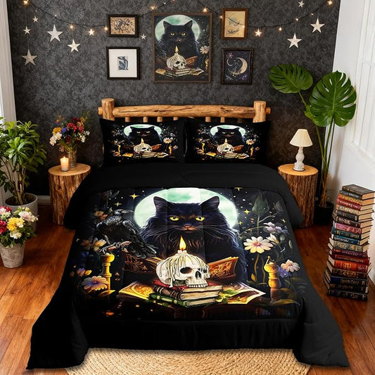 Kids Cat Bedding Set,Sugar Skull Crow and Daisy Flower Garden Comforter Set for Teens Girls Boys Adult Bedroom Decor,Black Pet Cat Plants Quilt Set Moon Night Stars Print Duvet Insert 2Pcs