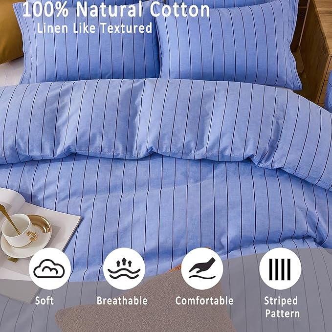 Merryword Blue Striped Duvet Cover Set Queen Size, 100% Cotton Denim Blue Bedding Set with Zipper Closure & 8 Corner Ties, Luxury Linen Like Bedding, Soft Breathable Comforter Cover for All Seasons