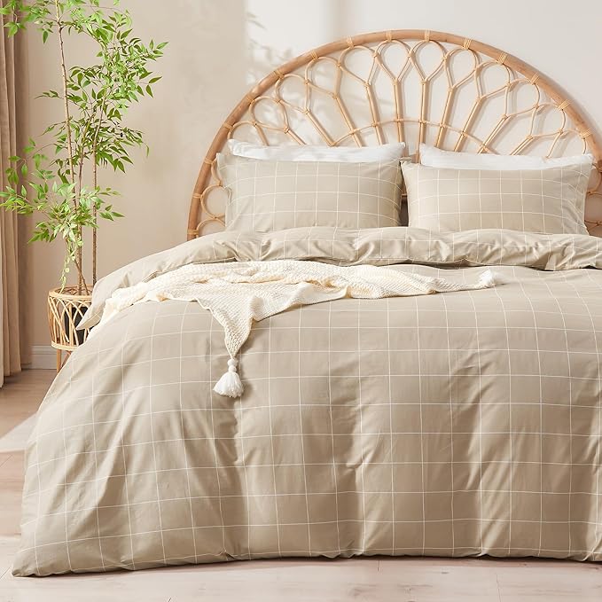 JELLYMONI 100% Natural Cotton 2pcs Plaid Duvet Cover Sets, Checkered Twin Comforter Cover, 1 Duvet Cover and 1 Pillow Case with Zipper Closure & Corner Ties, Khaki