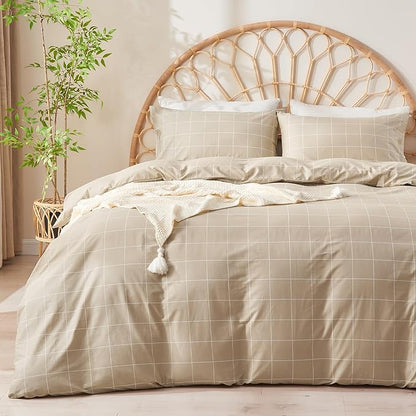 JELLYMONI 100% Natural Cotton 2pcs Plaid Duvet Cover Sets, Checkered Twin Comforter Cover, 1 Duvet Cover and 1 Pillow Case with Zipper Closure & Corner Ties, Khaki